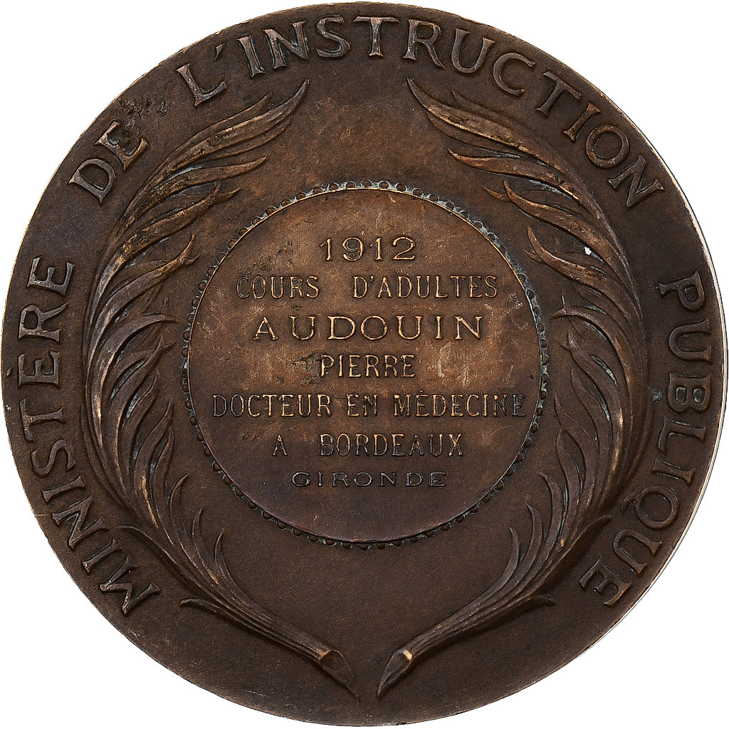 França, medalha, Instruction Publique, Cours d'Adultes, Eure, 1912, Bronze