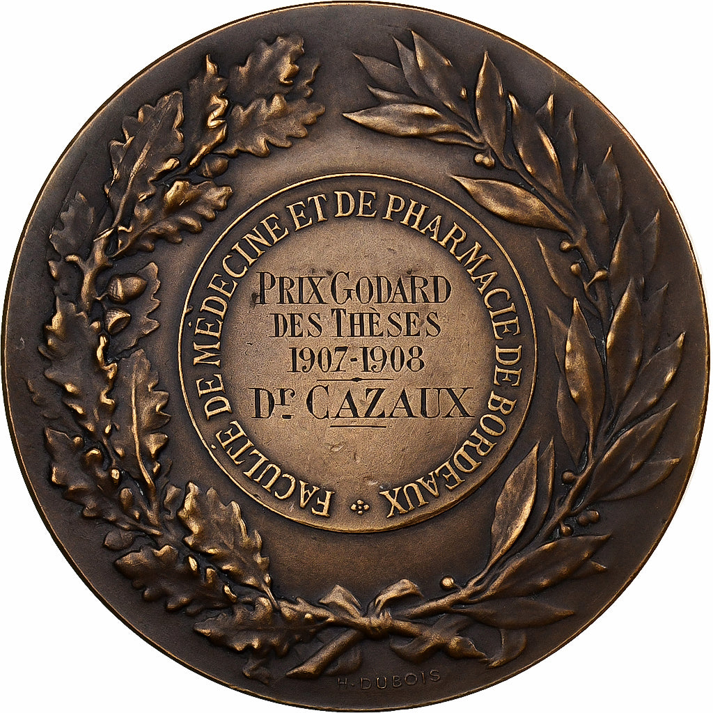 France, Medal, Hippocrate, Faculté de Médecine de Bordeaux, 1908, Bronze