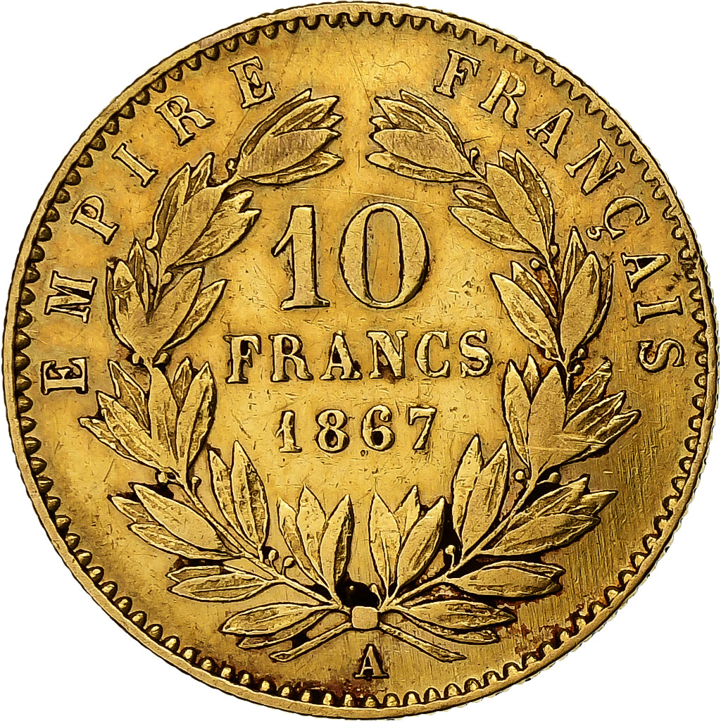 França, Napoleon III, 10 Francs, 1867, Paris, Dourado, VF(30-35), Gadoury:1015