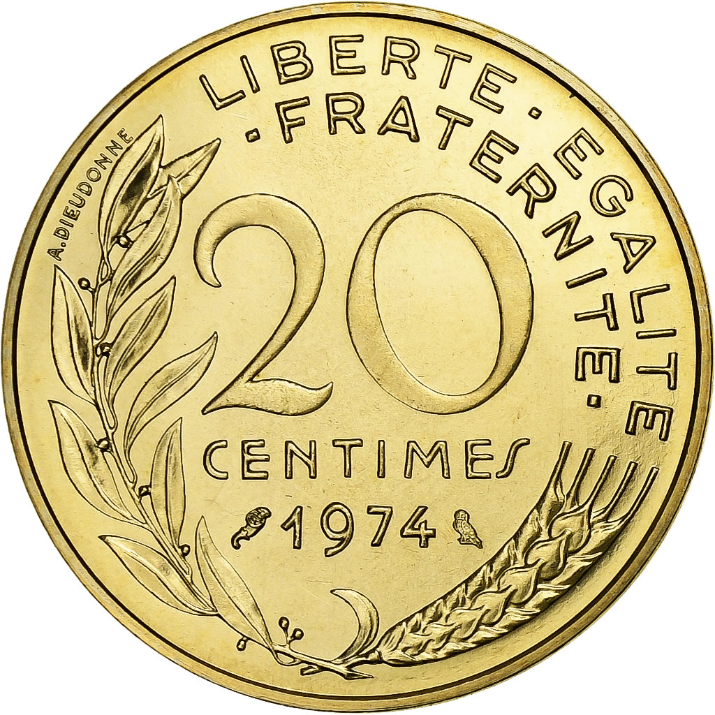 Munten, Frankrijk, Marianne, 20 Centimes, 1974, Paris, FDC, Aluminum-Bronze