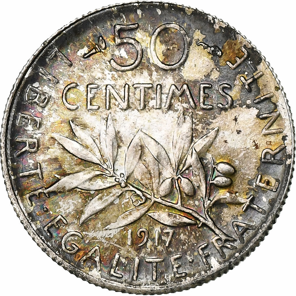 France, 50 Centimes, Semeuse, 1917, Paris, Silver, MS(60-62), Gadoury:420