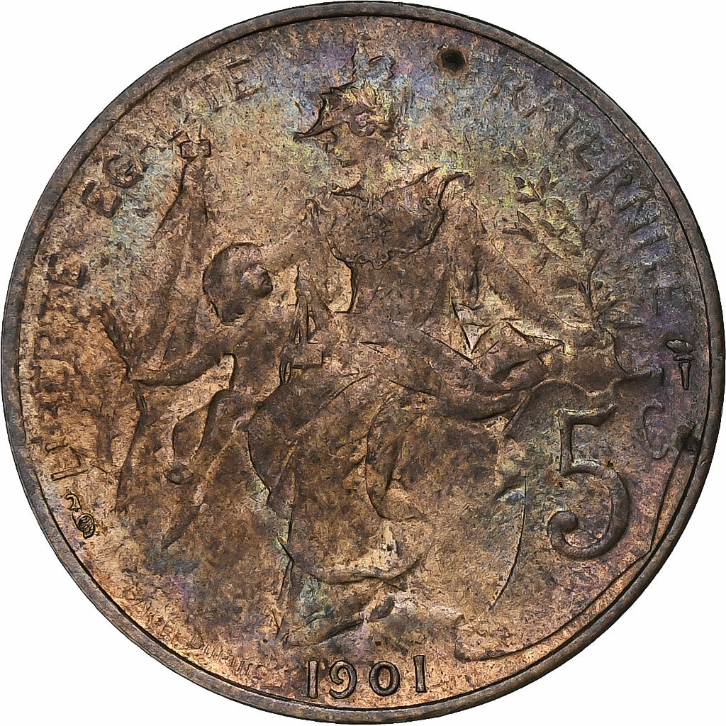 France, 5 Centimes, Dupuis, 1901, Paris, Bronze, AU(50-53), Gadoury:165, KM:842