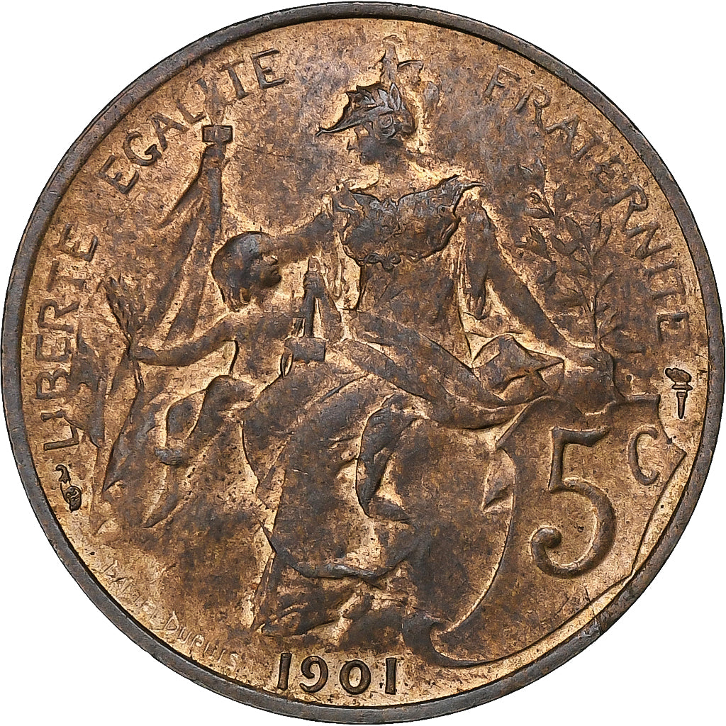 France, 5 Centimes, Dupuis, 1901, Paris, Bronze, AU(50-53), Gadoury:165, KM:842