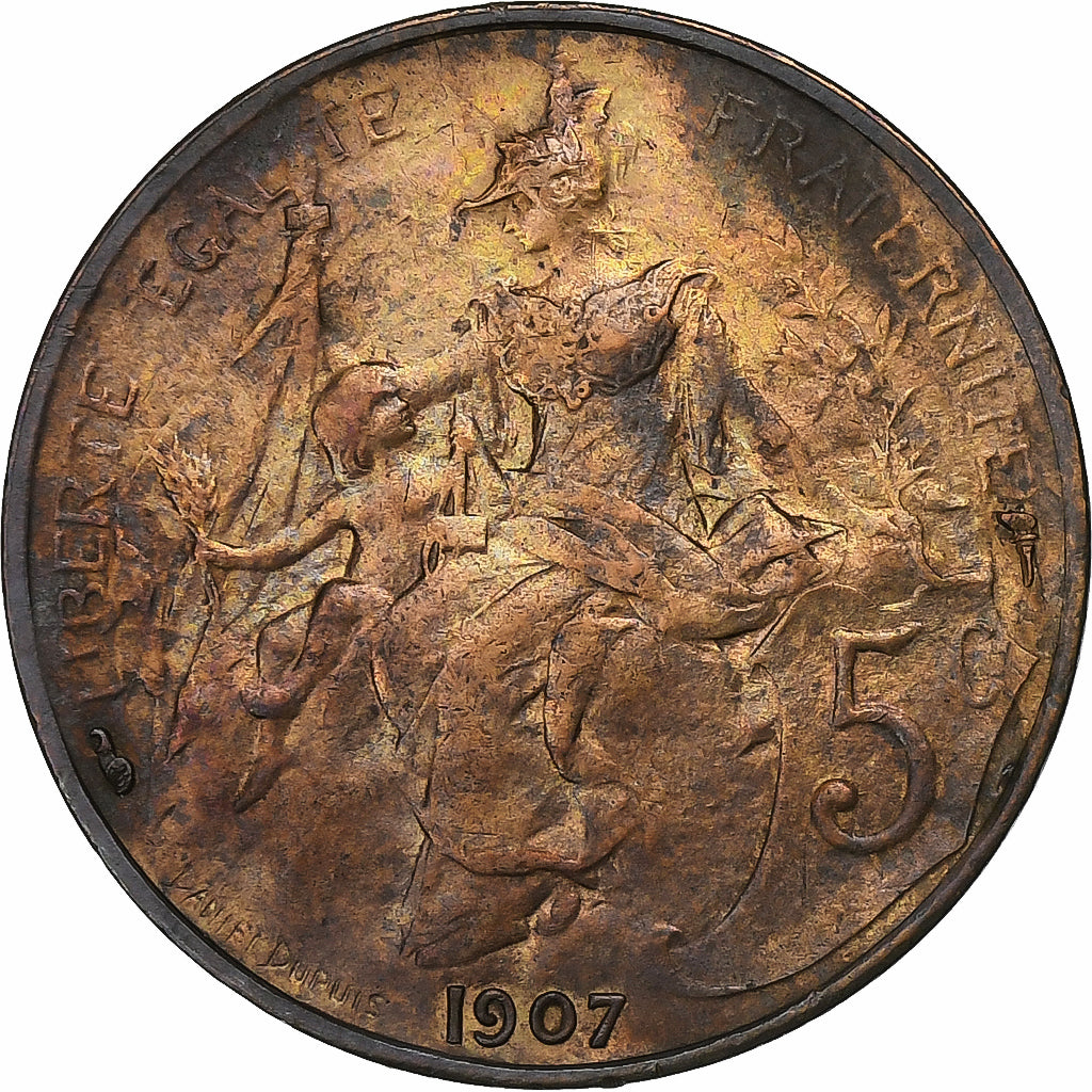 Francia, 5 Centimes, Dupuis, 1907, Paris, Bronzo, BB, Gadoury:165, KM:842