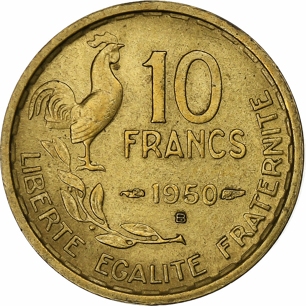 Francia, 10 Francs, Guiraud, 1950, Beaumont - Le Roger, Aluminio - bronce, MBC+