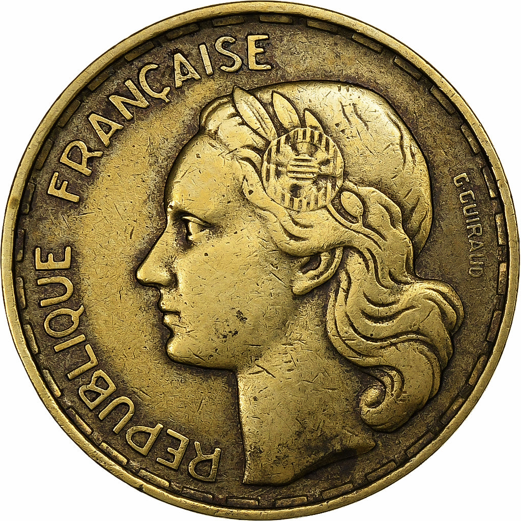 Francia, 50 Francs, Guiraud, 1954, Beaumont - Le Roger, Aluminio - bronce, BC+