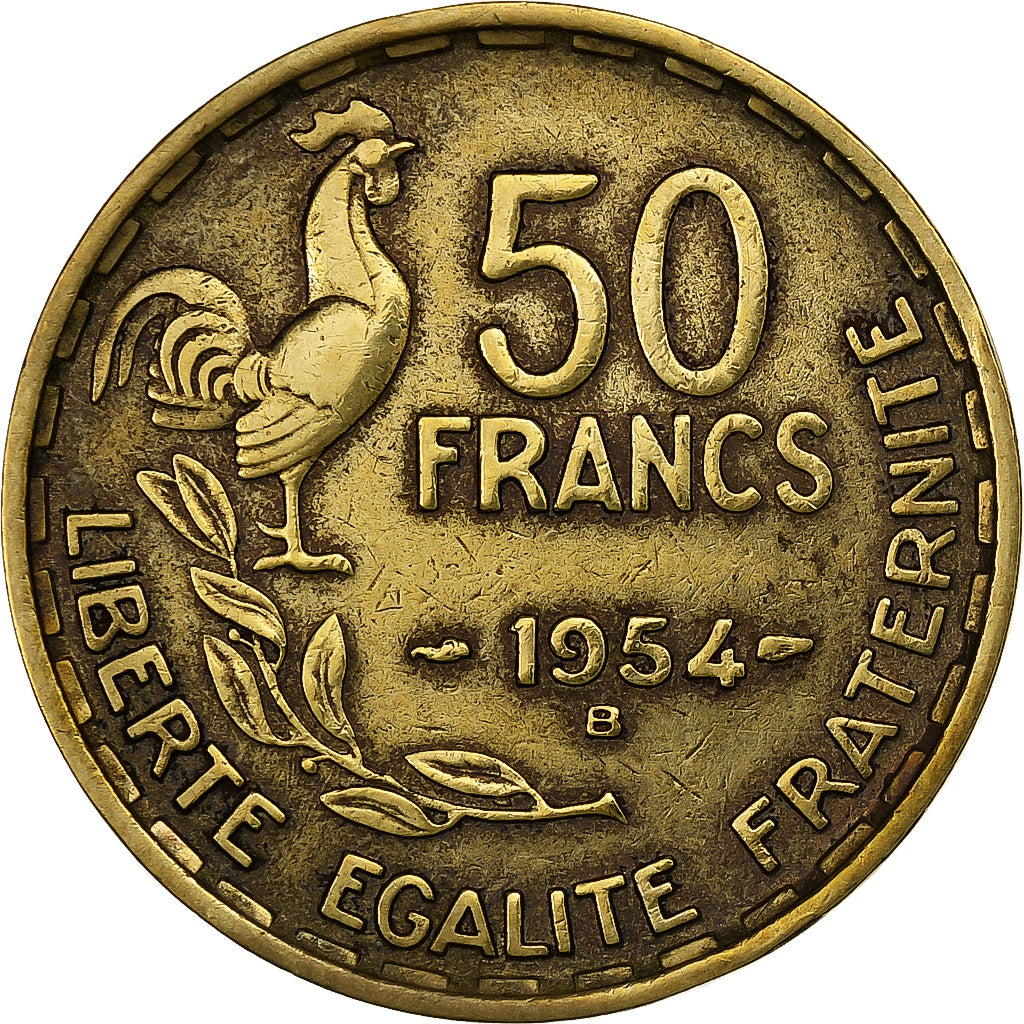 Francia, 50 Francs, Guiraud, 1954, Beaumont - Le Roger, Aluminio - bronce, BC+