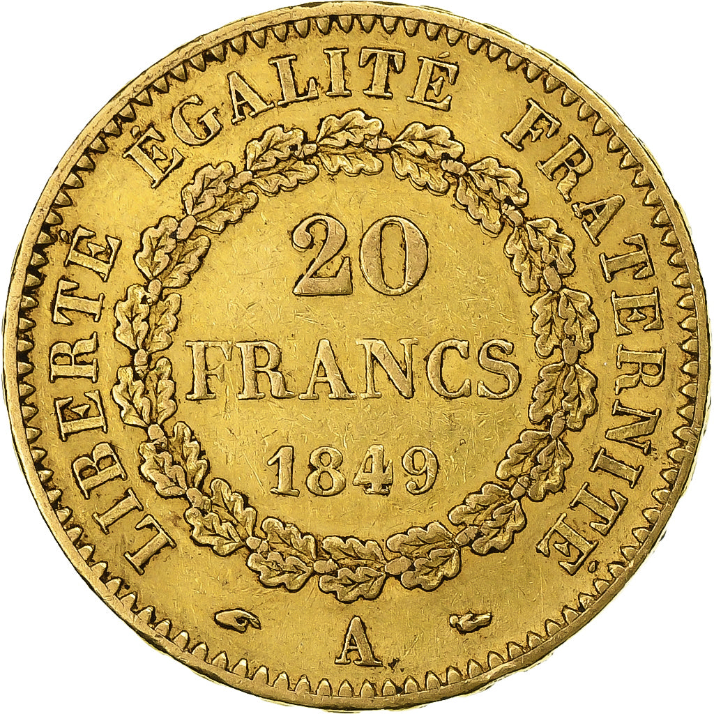 Francja, 20 Francs, Génie, 1849, Paris, Złoto, EF(40-45), Gadoury:1032, KM:757