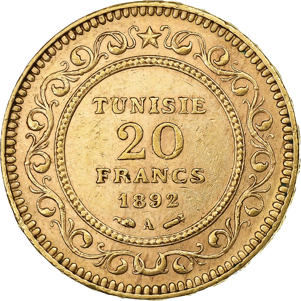 Tunisia, Ali Bey, 20 Francs, 1892, Paris, Gold, AU(50-53), Lecompte:444, KM:227