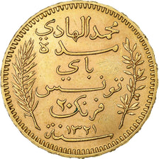Tunisia, Muhammad al-Hadi Bey, 20 Francs, 1903, Paris, Gold, AU(55-58), KM:234