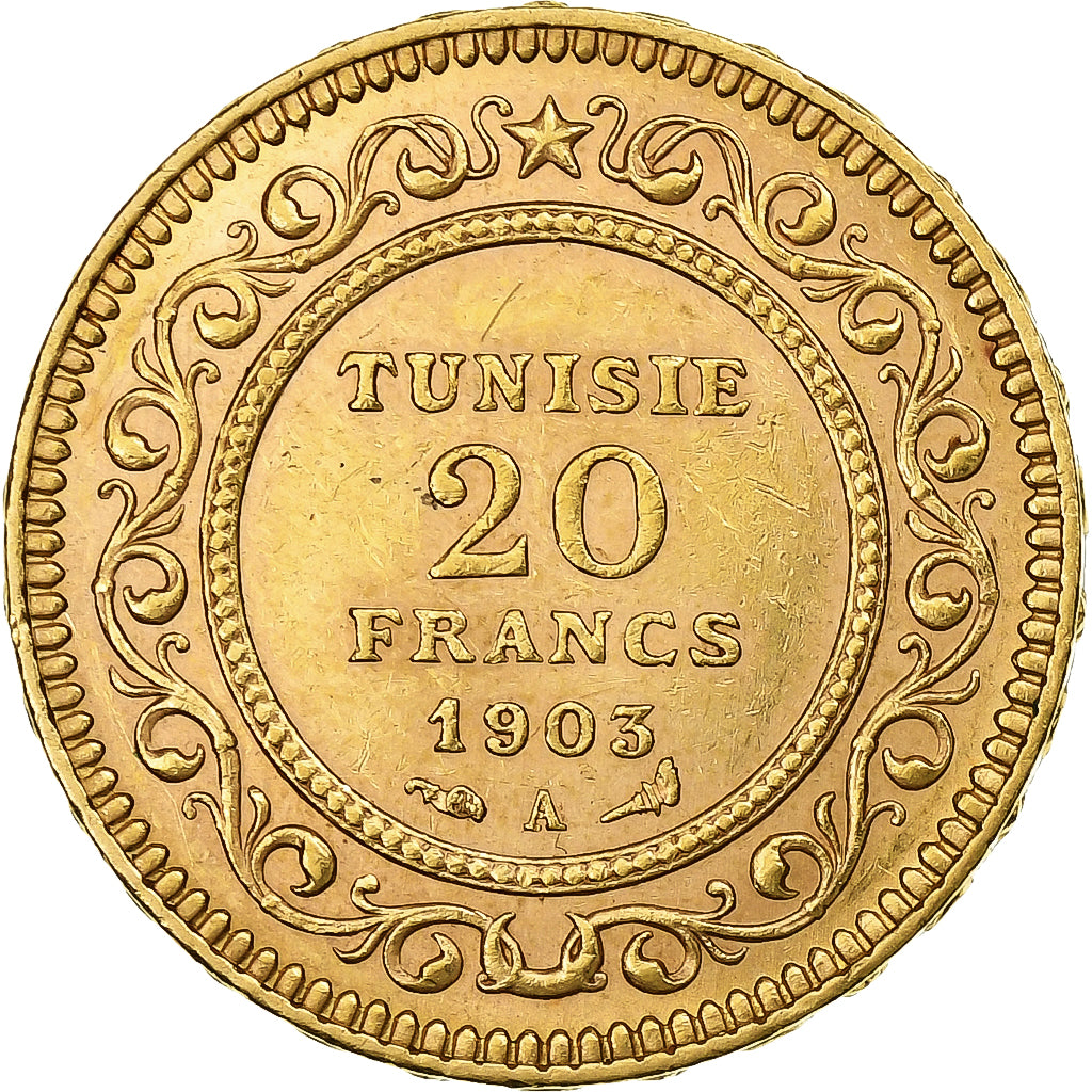 Tunisia, Muhammad al-Hadi Bey, 20 Francs, 1903, Paris, Gold, AU(55-58), KM:234
