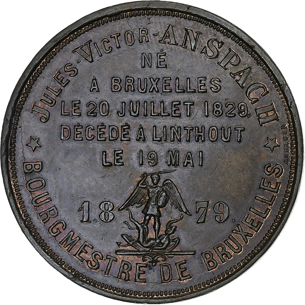 Bélgica, medalha, Jules Victor Anspach, Bourgmestre de Bruxelles, 1879, Cobre