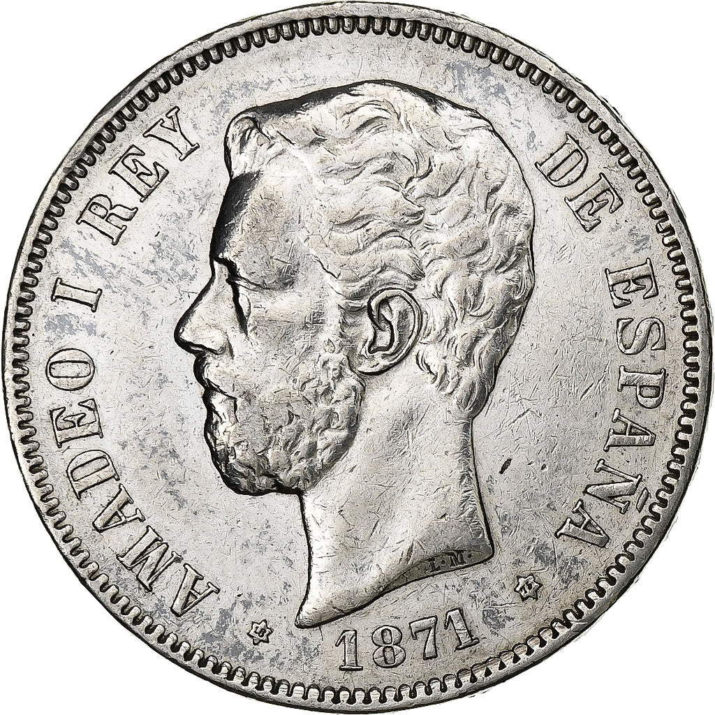 Spain, Amadeao I, 5 Pesetas, 1871, Madrid, Silver, EF(40-45), KM:666