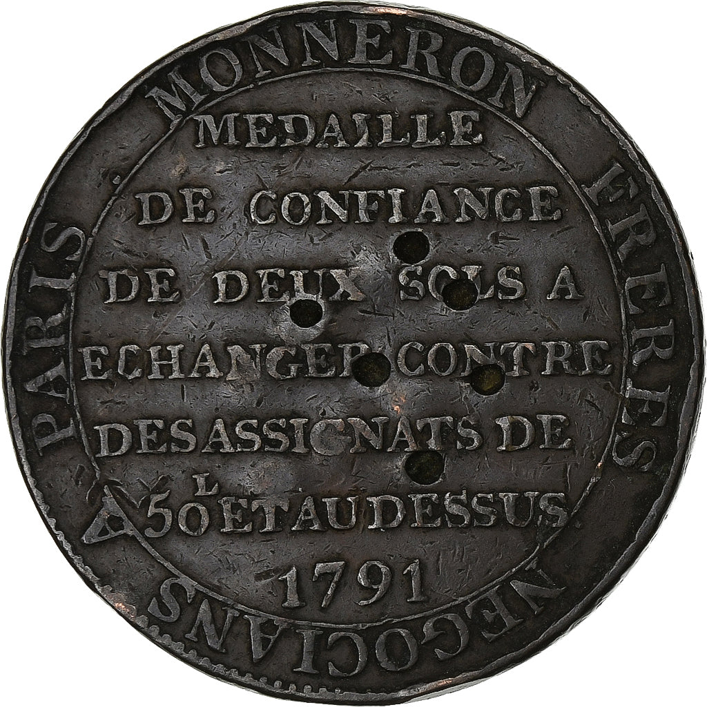France, Monneron de 2 Sols, 1791, Bronze, VF(30-35), Brandon:217, KM:Tn23