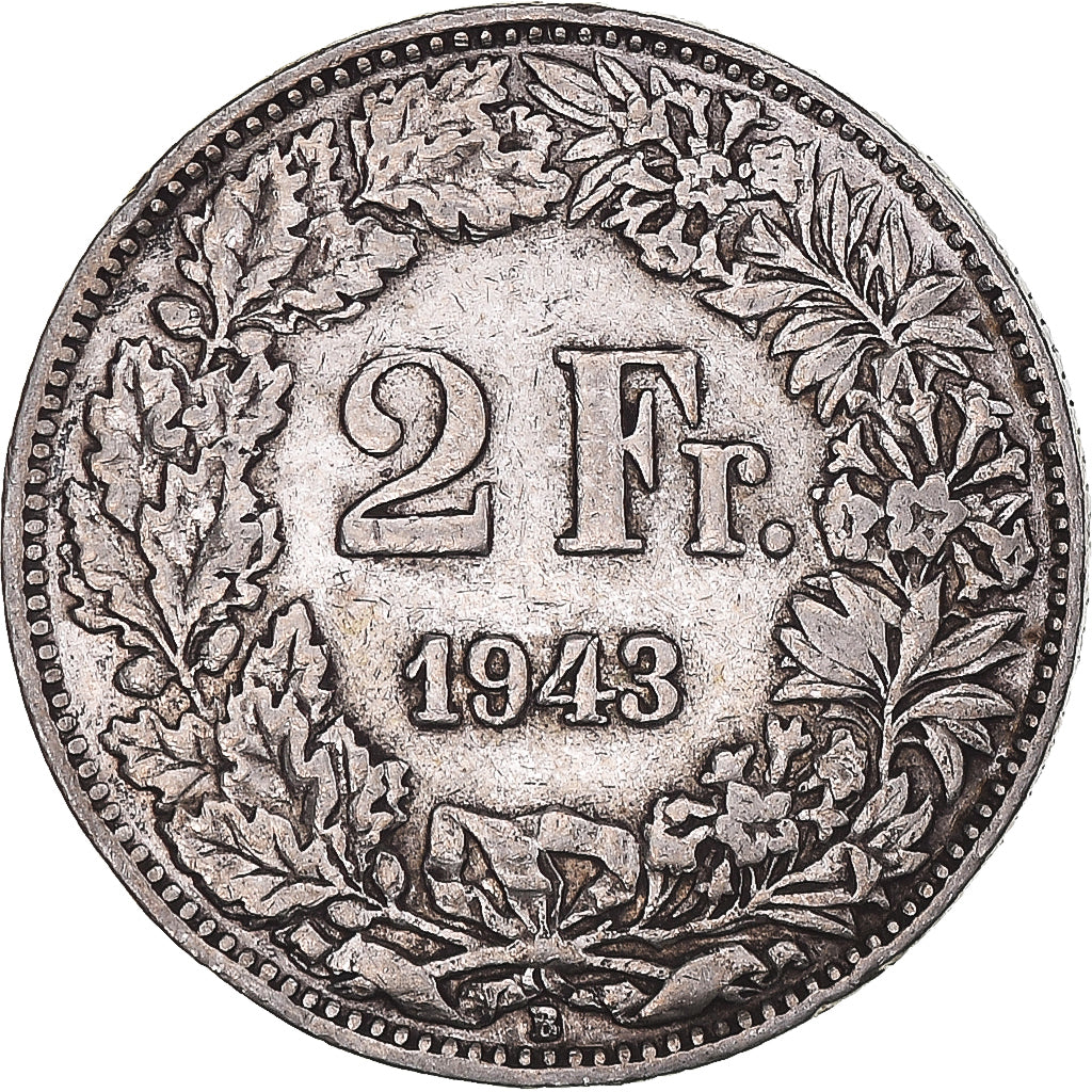 Coin, Switzerland, 2 Francs, 1943, Bern, EF(40-45), Silver, KM:21