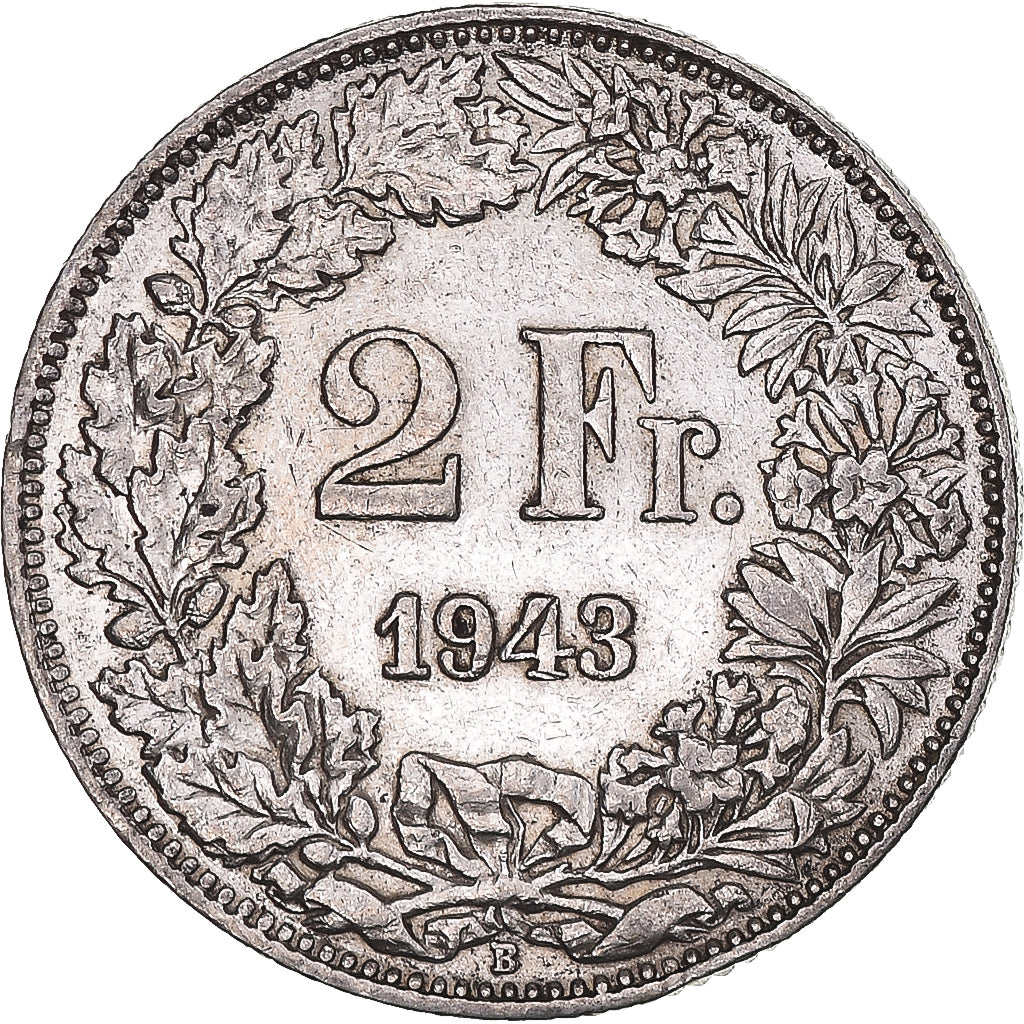 Coin, Switzerland, 2 Francs, 1943, Bern, AU(50-53), Silver, KM:21