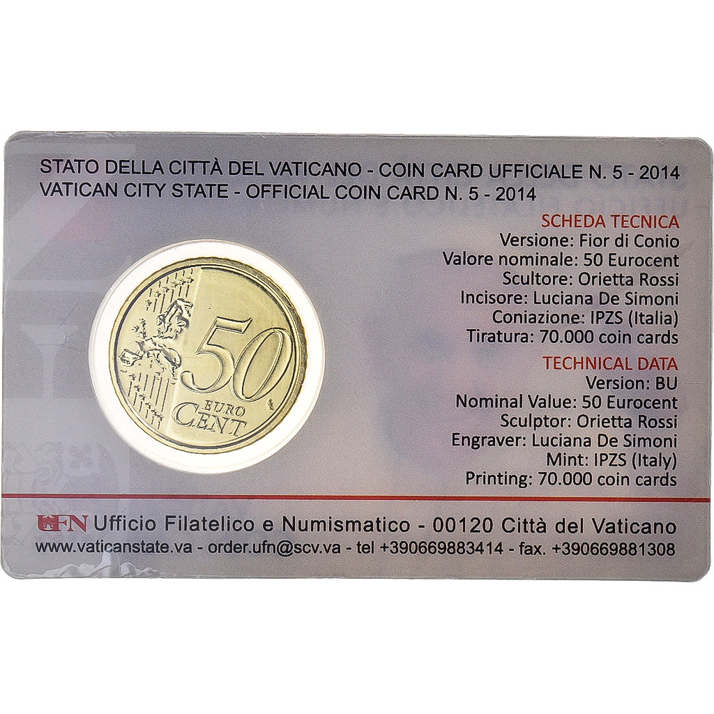 VATICAN CITY, 50 Euro Cent, 2014, Rome, Coin card, MS(65-70), Brass