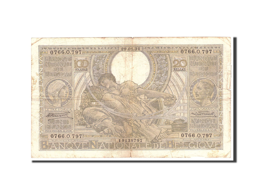 Geldschein, Belgien, 100 Francs-20 Belgas, 1939, 1934-01-29, KM:107, S