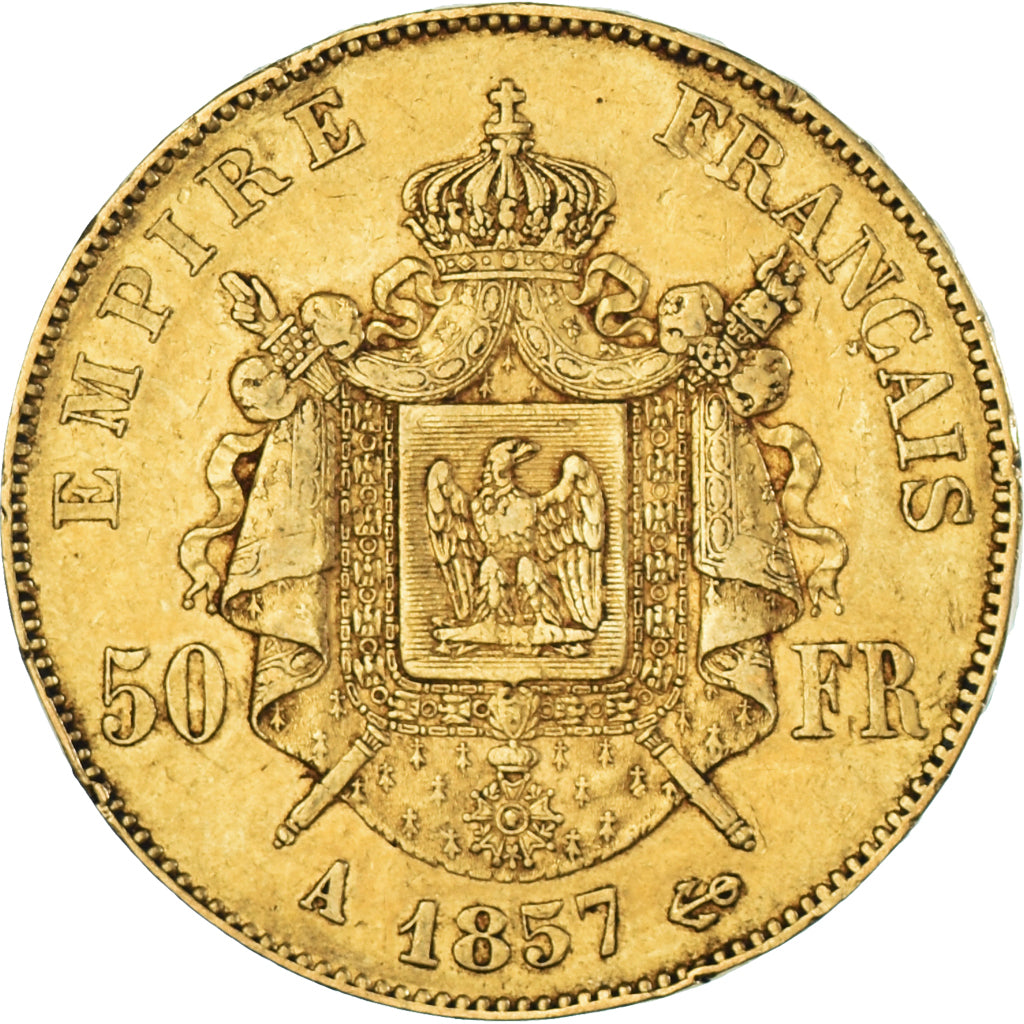 Moeda, França, Napoleon III, 50 Francs, 1857, Paris, VF(30-35), Dourado
