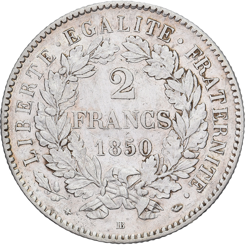 Moeda, França, Cérès, 2 Francs, 1850, Strasbourg, AU(50-53), Prata, KM:760.2