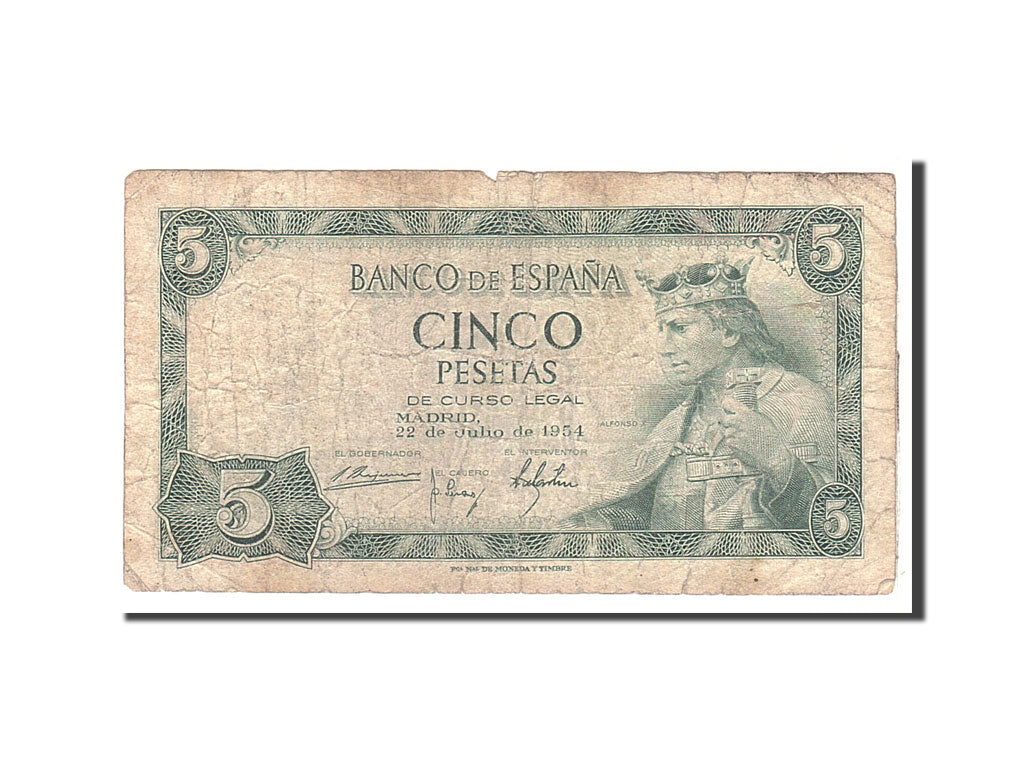 Banknote, Spain, 5 Pesetas, 1954, 1954-07-22, KM:146a, VG(8-10)
