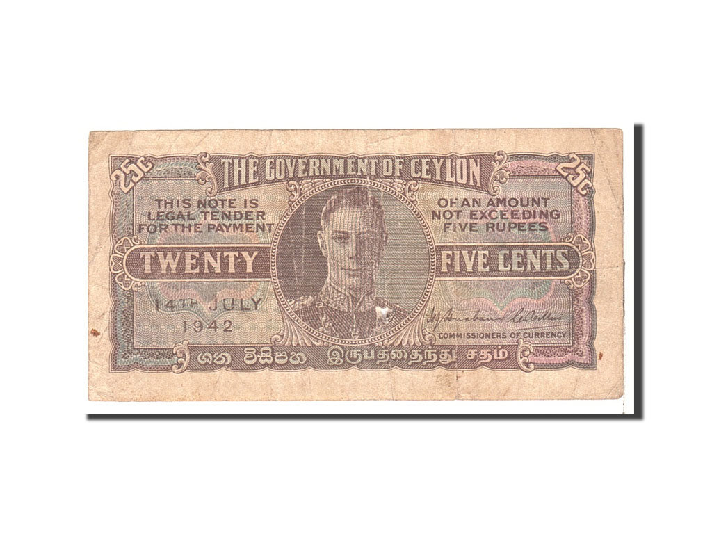 Banknote, Ceylon, 25 Cents, 1942, 1942-07-14, KM:44a, VF(20-25)