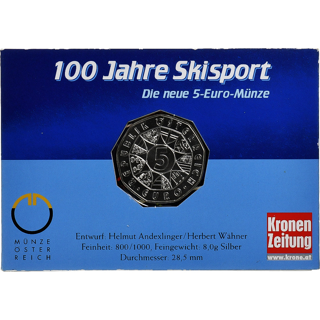 Austria, 5 Euro, Centennial of Sport Skiing, 2005, Vienna, Silver, MS(65-70)