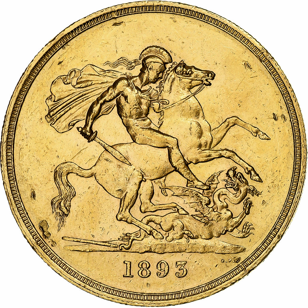 Great Britain, Victoria, 5 Pounds, 1893, London, Gold, AU(50-53), Friedberg:394