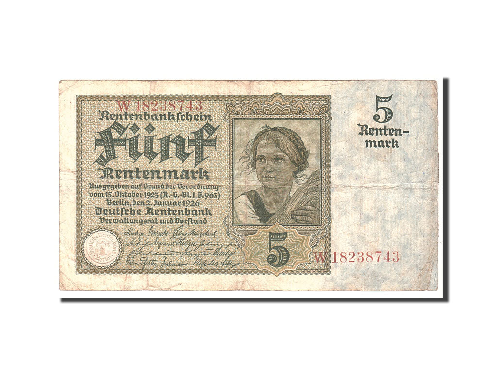 Banknote, Germany, 5 Rentenmark, 1926, 1926-01-02, KM:169, VF(20-25)