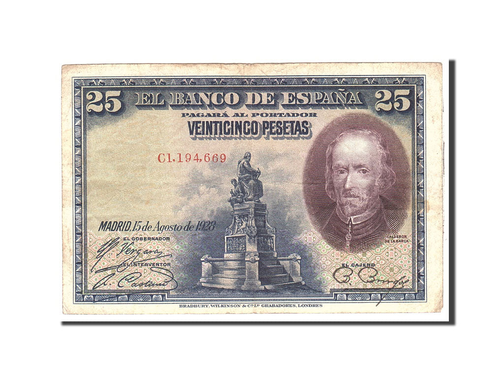 Biljet, Spanje, 25 Pesetas, 1928, 1928-08-15, KM:74b, TTB