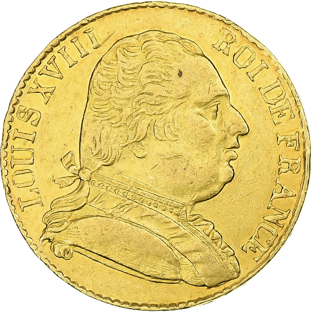Francja, Louis XVIII, Louis XVIII, 20 Francs, 1815, London, AU(50-53), Złoto