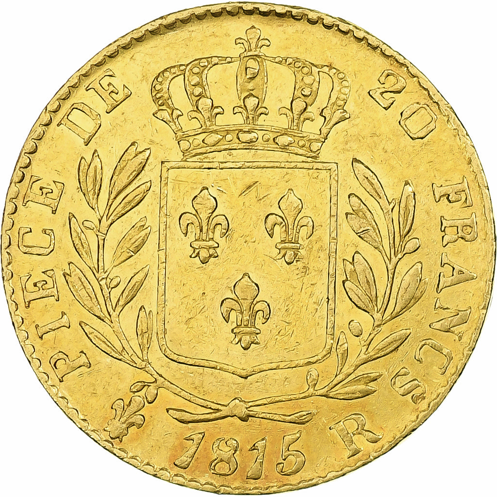 Francja, Louis XVIII, Louis XVIII, 20 Francs, 1815, London, AU(50-53), Złoto
