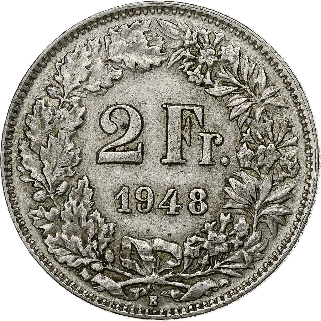 Coin, Switzerland, 2 Francs, 1948, Bern, VF(30-35), Silver, KM:21