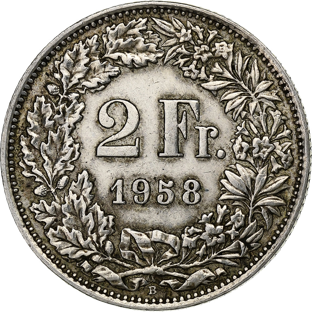 Switzerland, 2 Francs, 1958, Bern, Silver, VF(30-35), KM:21