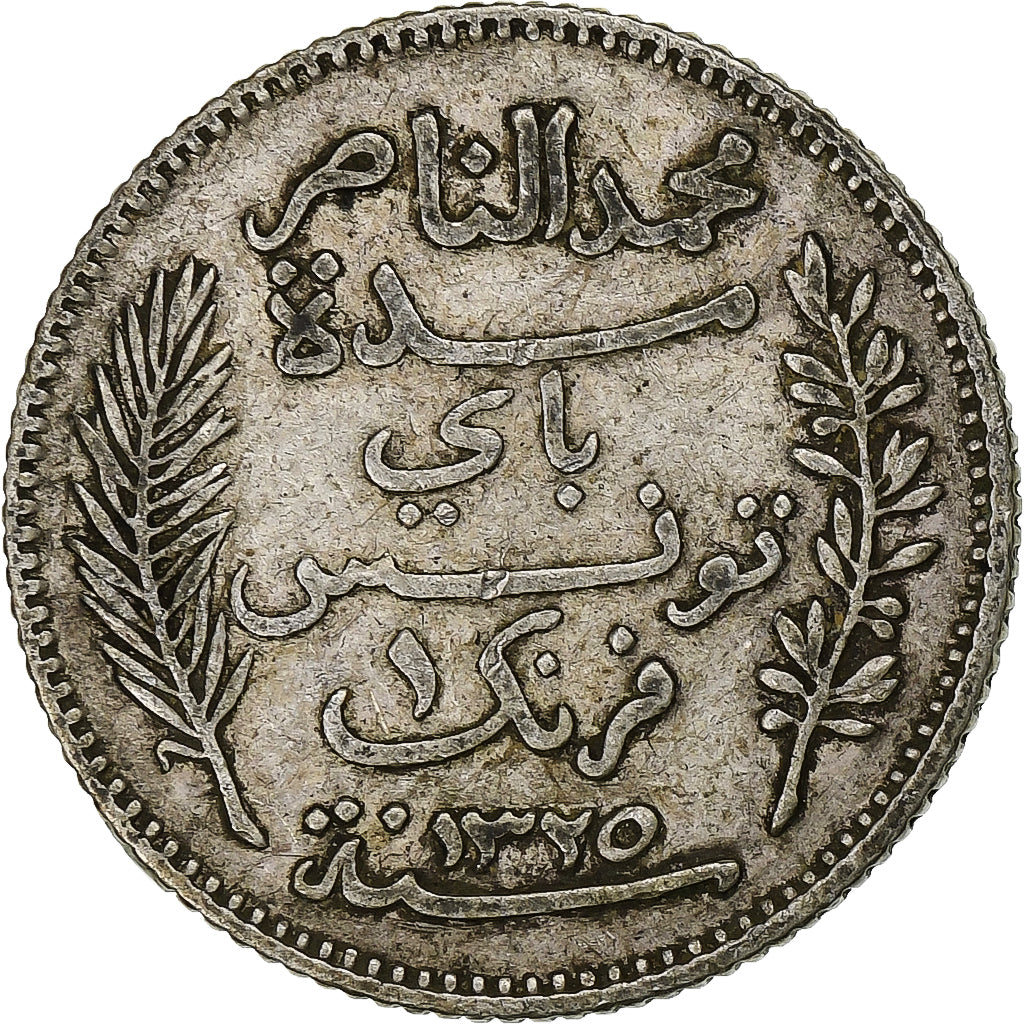 Tunisia, Muhammad al-Nasir Bey, Franc, 1907, Paris, Silver, VF(30-35), KM:238
