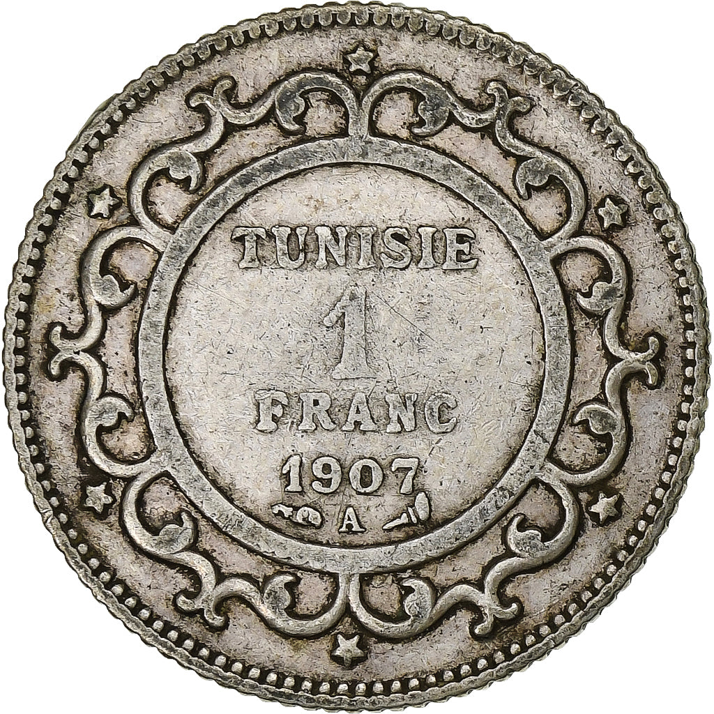 Tunisia, Muhammad al-Nasir Bey, Franc, 1907, Paris, Silver, VF(30-35), KM:238