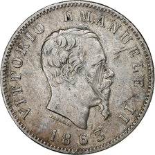 Moneta, Włochy, Vittorio Emanuele II, Lira, 1863, Milan, VF(20-25), Srebro