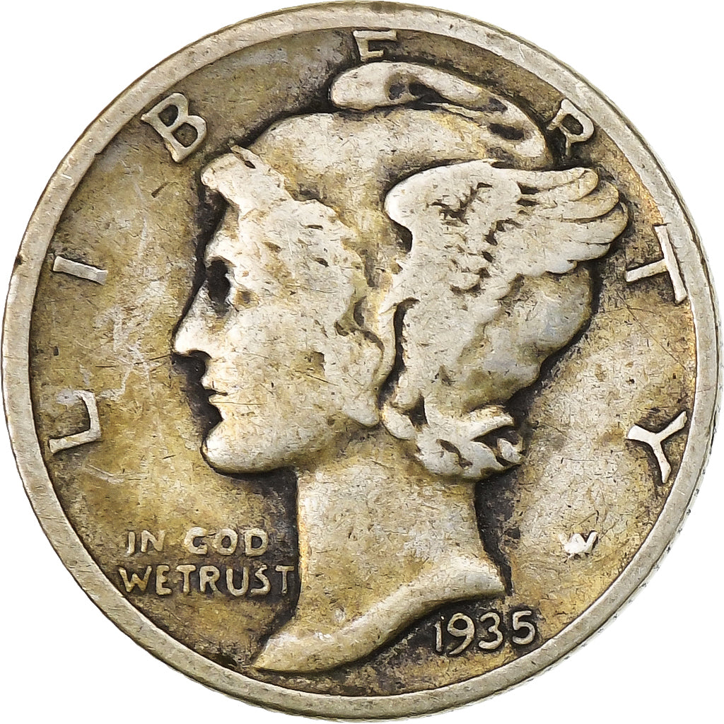 Stati Uniti, Dime, Mercury Dime, 1935, U.S. Mint, Argento, MB+, KM:140