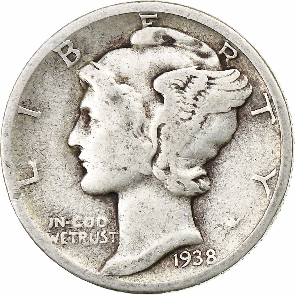Estados Unidos da América, Dime, Mercury Dime, 1938, U.S. Mint, Prata