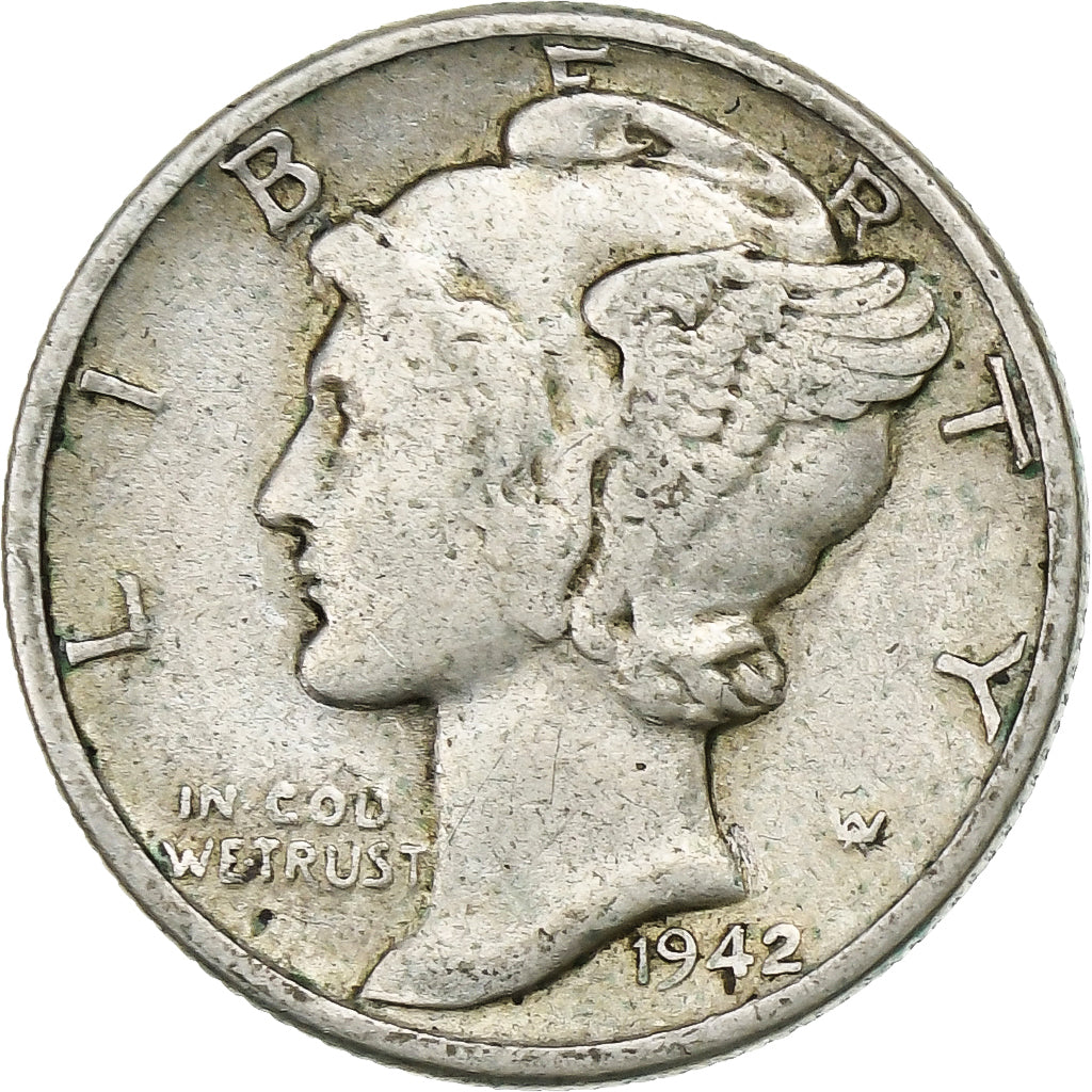 USA, Dime, Mercury Dime, 1942, U.S. Mint, Srebro, EF(40-45), KM:140