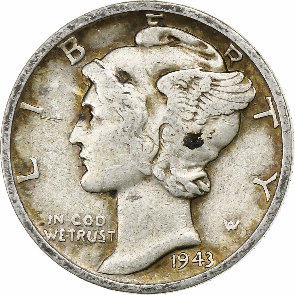 USA, Dime, Mercury Dime, 1943, U.S. Mint, Srebro, EF(40-45), KM:140