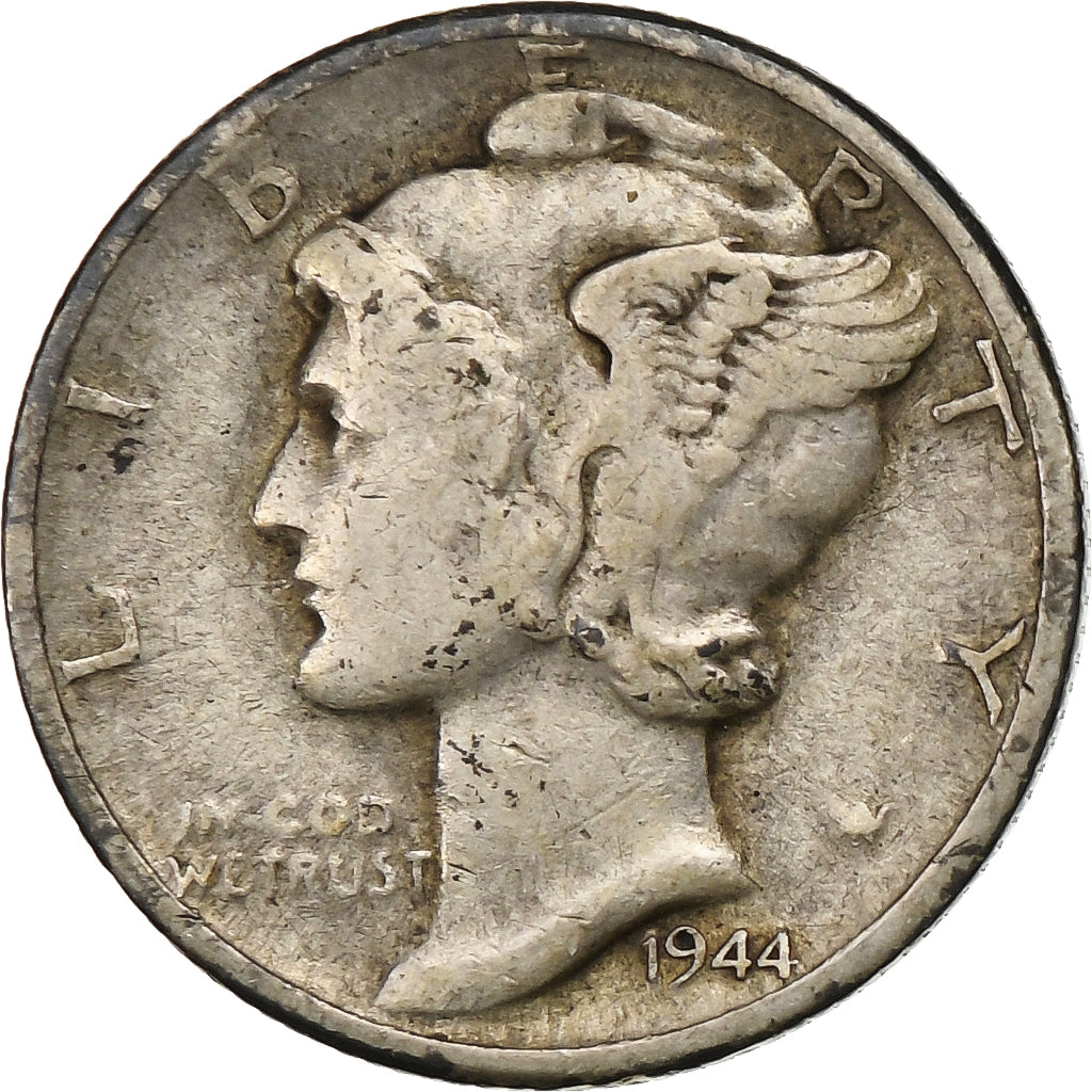 États-Unis, Dime, Mercury Dime, 1944, Denver, Argent, TB, KM:140