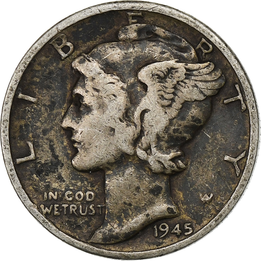 USA, Dime, Mercury Dime, 1945, U.S. Mint, Srebro, VF(30-35), KM:140