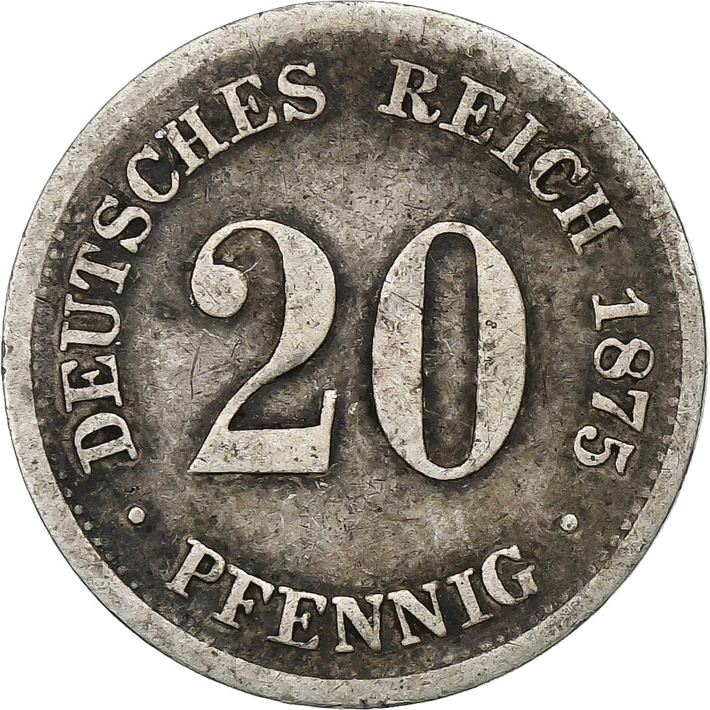 GERMANY - EMPIRE, Wilhelm I, 20 Pfennig, 1875, Stuttgart, Silver, VF(30-35)