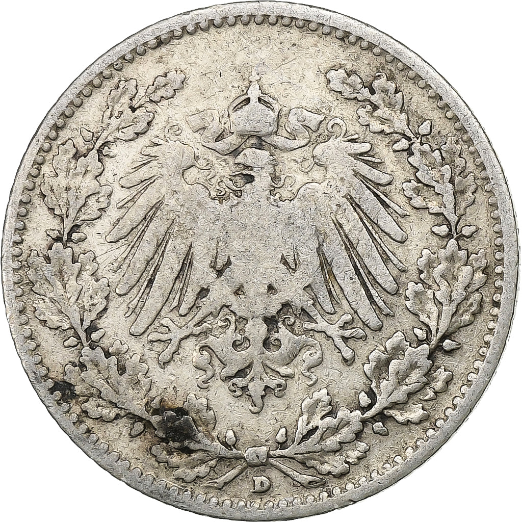 Coin, GERMANY - EMPIRE, 1/2 Mark, 1905, Munich, VF(30-35), Silver, KM:17