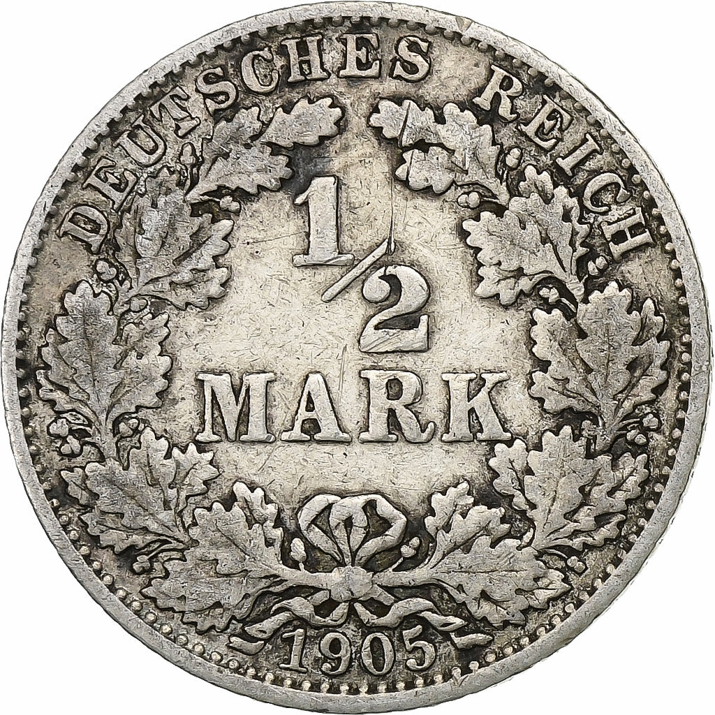 Coin, GERMANY - EMPIRE, 1/2 Mark, 1905, Munich, VF(30-35), Silver, KM:17