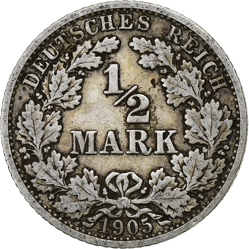 Coin, GERMANY - EMPIRE, 1/2 Mark, 1905, Stuttgart, EF(40-45), Silver, KM:17