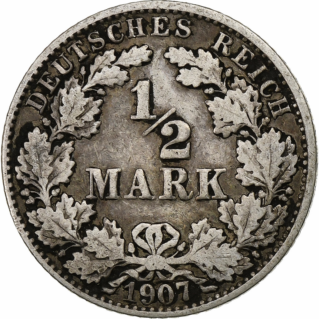 GERMANIA - IMPERO, 1/2 Mark, 1907, Hambourg, Argento, MB+, KM:17