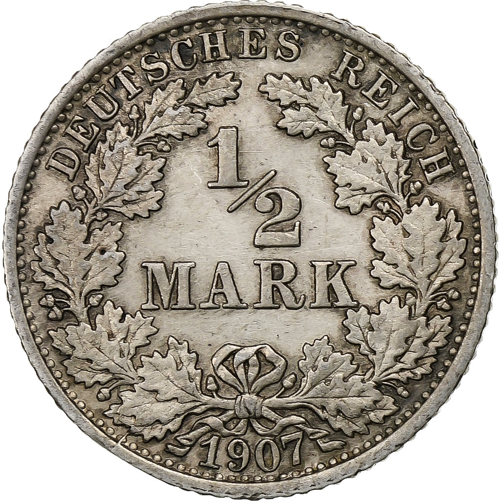 GERMANY - EMPIRE, 1/2 Mark, 1907, Stuttgart, Silver, MS(60-62), KM:17
