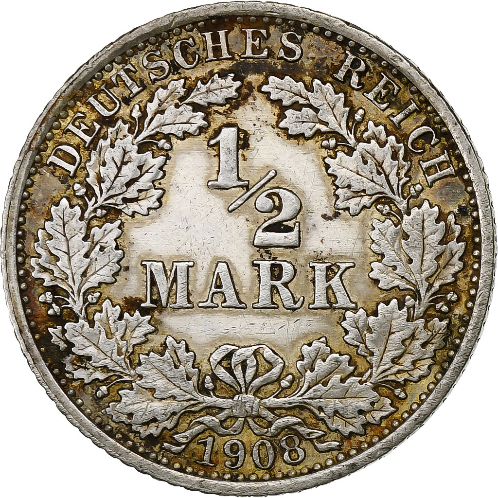 GERMANY - EMPIRE, 1/2 Mark, 1908, Berlin, Silver, VF(30-35), KM:17